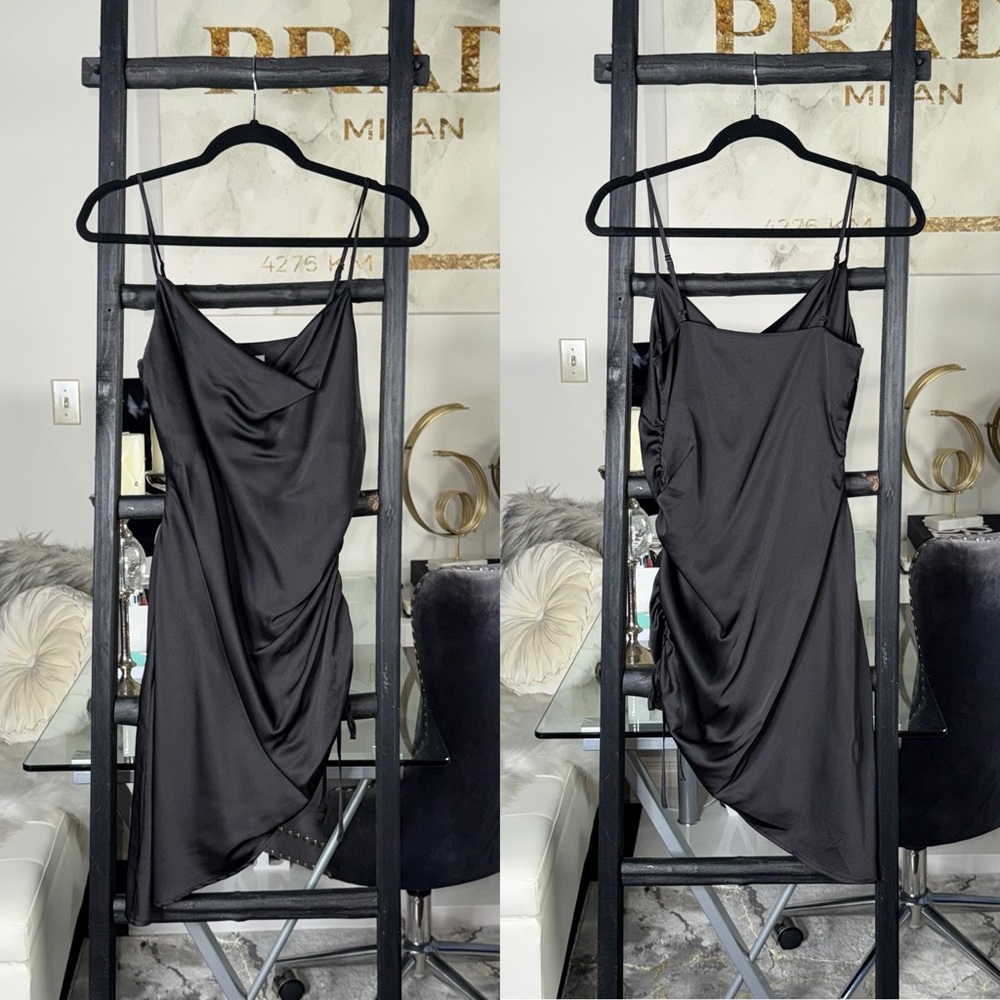 Garage Black Satin Draped Asymmetrical Midi Dress Womens XS Ruched Slip Sultry